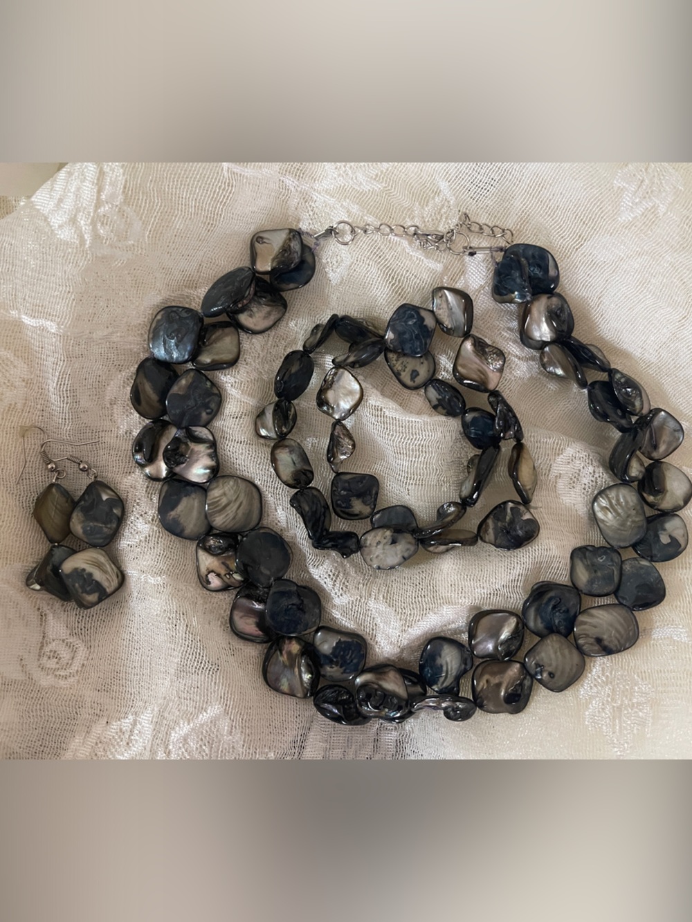 Iridescent Black and Gray Shell Statement Necklace and Earring Set